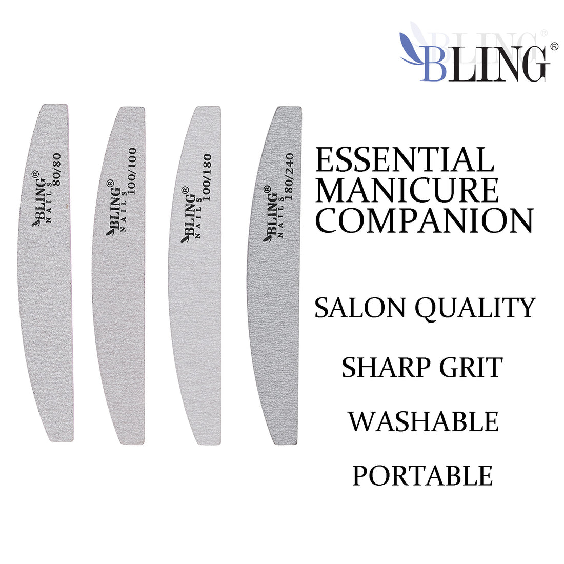BLING Professional Curved Nail File Set | Dual-Sided Half-Moon Files for Acrylic, Gel & Natural Nail Shaping