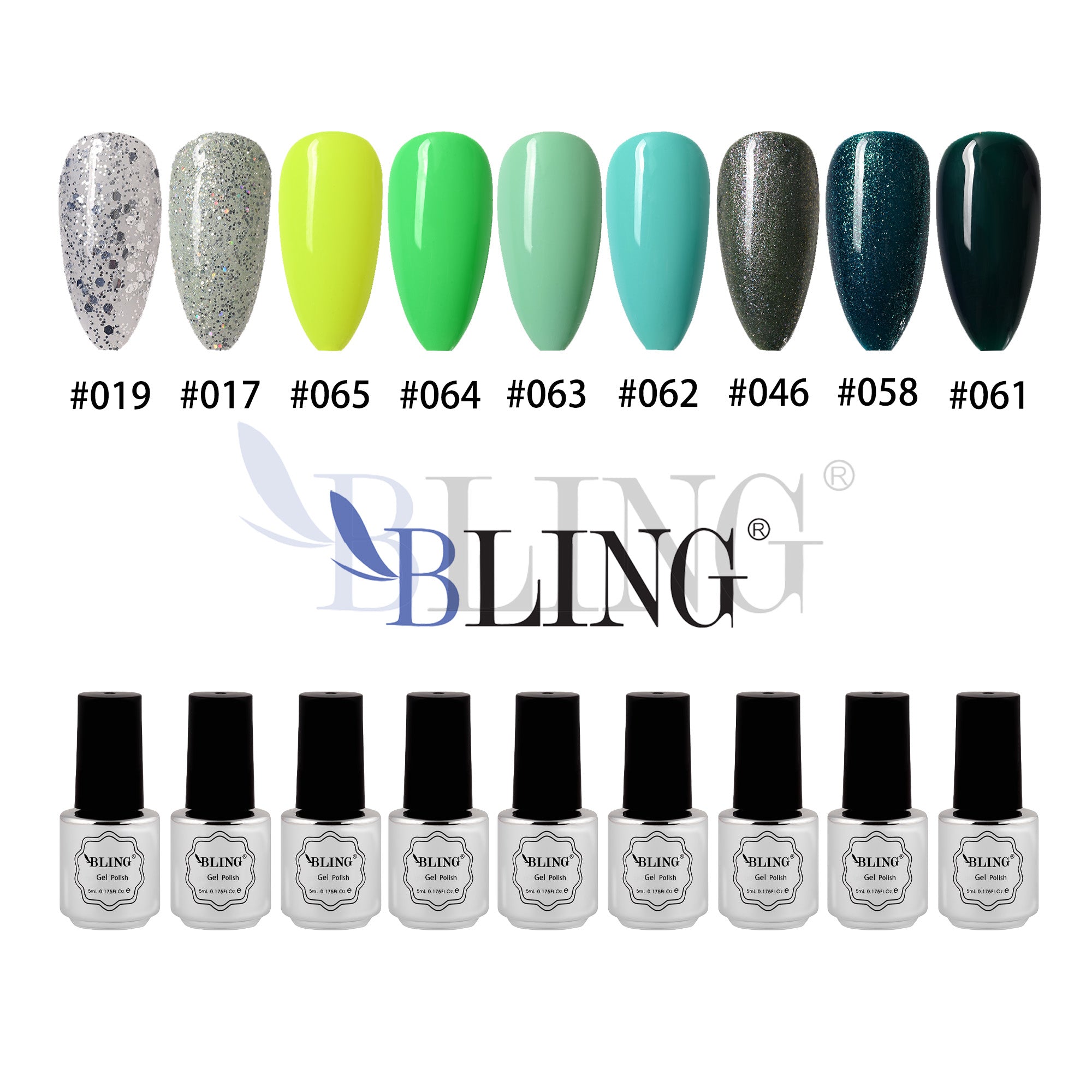 BLING 9-Color Green Gel Nail Polish Set | Neon Lime, Forest & Teal Shades for Summer & Spring Nail Art