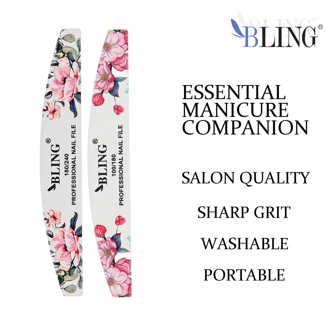 BLING Professional Floral Nail File Set | Decorative Emery Boards for Gel, Acrylic & Natural Nails (Dual Grit)