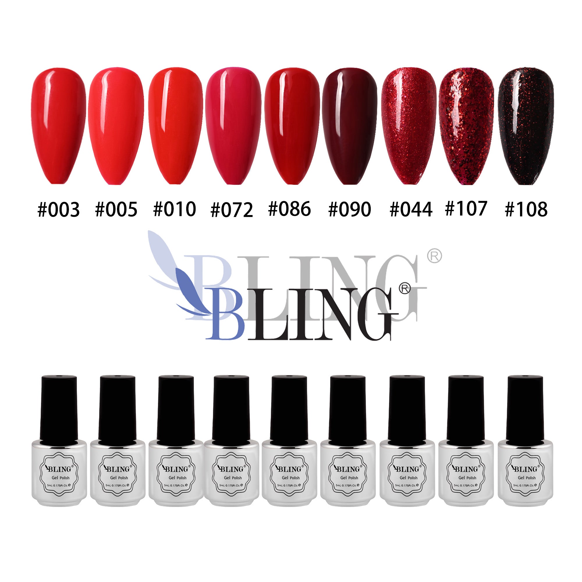 BLING 9-Color Red Gel Nail Polish Set | Classic Red, Burgundy & Glitter Shades for Holiday Manicures