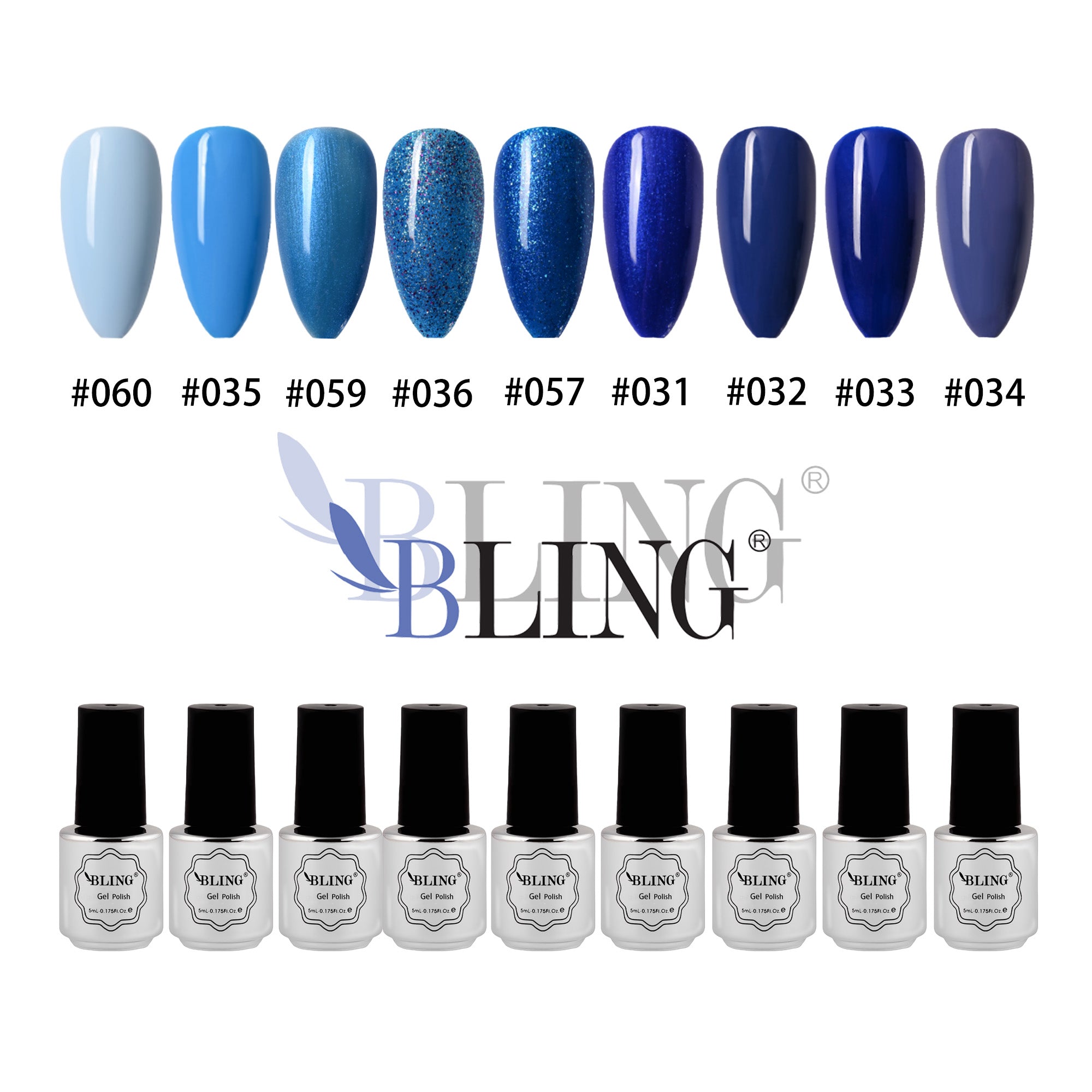 BLING 9-Color Blue Gel Nail Polish Set | Sky Blue, Royal Blue & Glitter Collection for Ocean-Inspired Nails