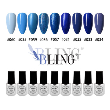 BLING 9-Color Blue Gel Nail Polish Set | Sky Blue, Royal Blue & Glitter Collection for Ocean-Inspired Nails