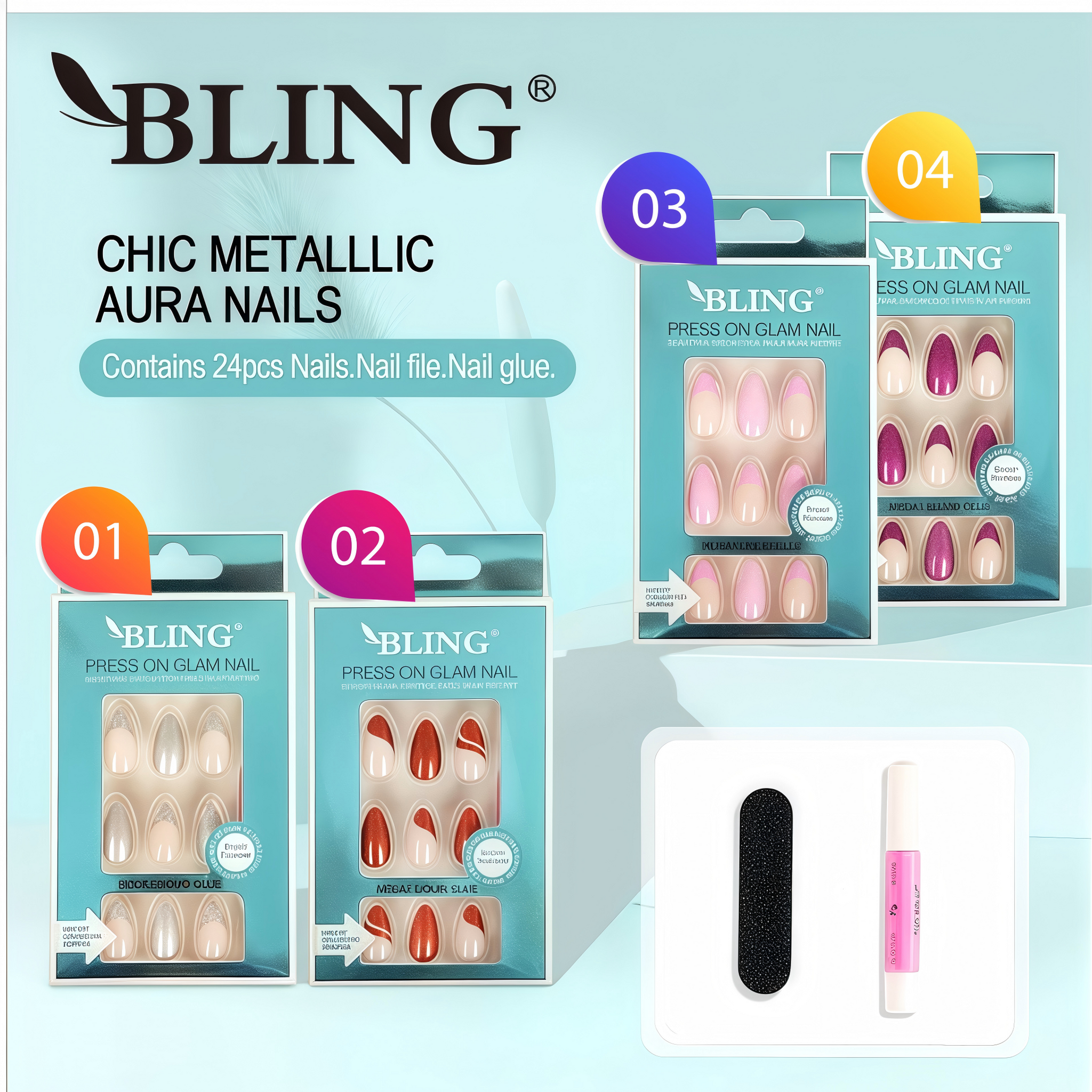 BLING Press-On Nails Set - Chic Metallic Aura Nails (2 x 4 Boxes)