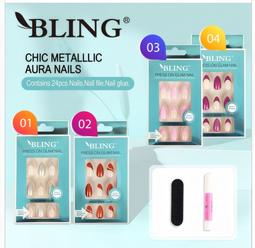 BLING Press-On Nails Set - Chic Metallic Aura Nails (2 x 4 Boxes)