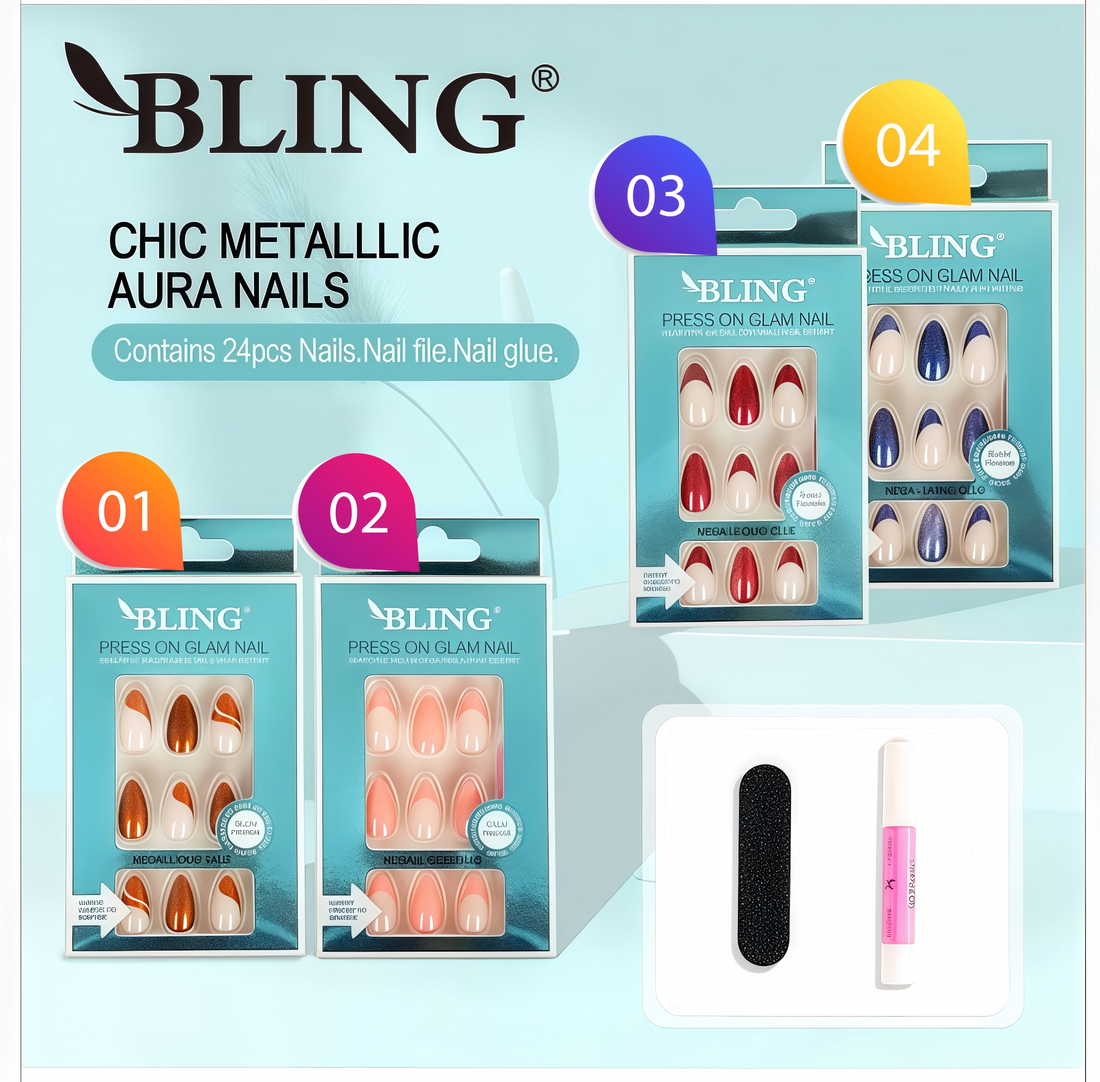 BLING Press-On Nails Set - Chic Metallic Aura Nails (2 x 4 Boxes)